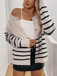 Calvaya Cardigan Rajut Leher Bulat Bergaris Longgar Baru, Sweater Pullover Lembut & Nyaman Ukuran Besar yang Melangsingkan - Aprikot - View 7