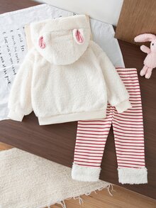 SHEIN 2件組女嬰兔刺繡連帽衛衣與兔耳條紋長褲套裝 冬季可愛款 - 彩色 - 查看 2