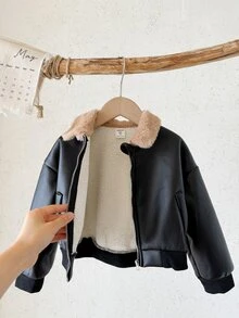 SHEIN 女童毛絨領長袖拉鍊休閒夾克外套 - 彩色 - 查看 8
