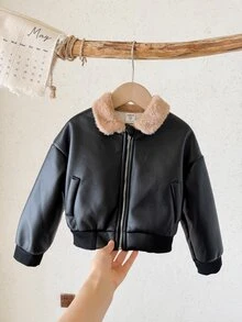 SHEIN 女童毛絨領長袖拉鍊休閒夾克外套 - 彩色 - 查看 3