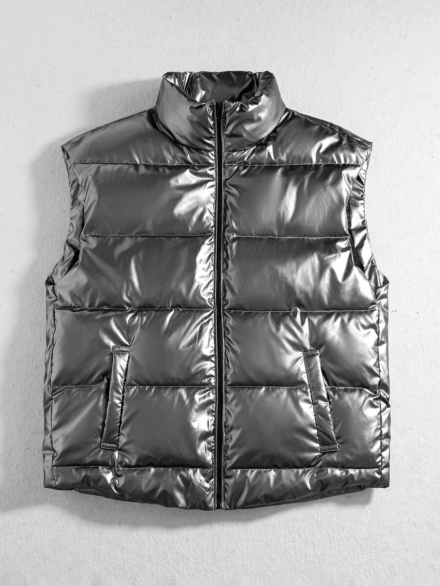 ROMWE MEN Men's Solid Color Zipper Front Pocket Casual Vest - Dark Grey - View 1