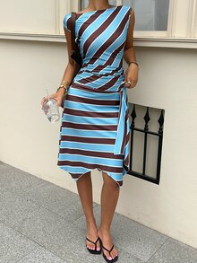 Siren Gaze 優雅時尚條紋套裝 藍色抓皺無袖上衣搭配不對稱裙擺 夏季冬季通勤穿搭 - 彩色 - 查看 3