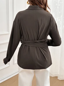 SHEIN Maternity Casual Solid Color Tie-Front Shirt, Autumn - Brown - View 7