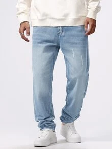 Manfinity Hypemode Men's Distressed Pocket Straight Loose Casual Jeans - Light Wash - View 3