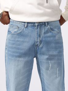 Manfinity Hypemode Men's Distressed Pocket Straight Loose Casual Jeans - Light Wash - View 7