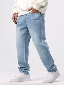 Manfinity Hypemode Men's Distressed Pocket Straight Loose Casual Jeans - Light Wash - View 1