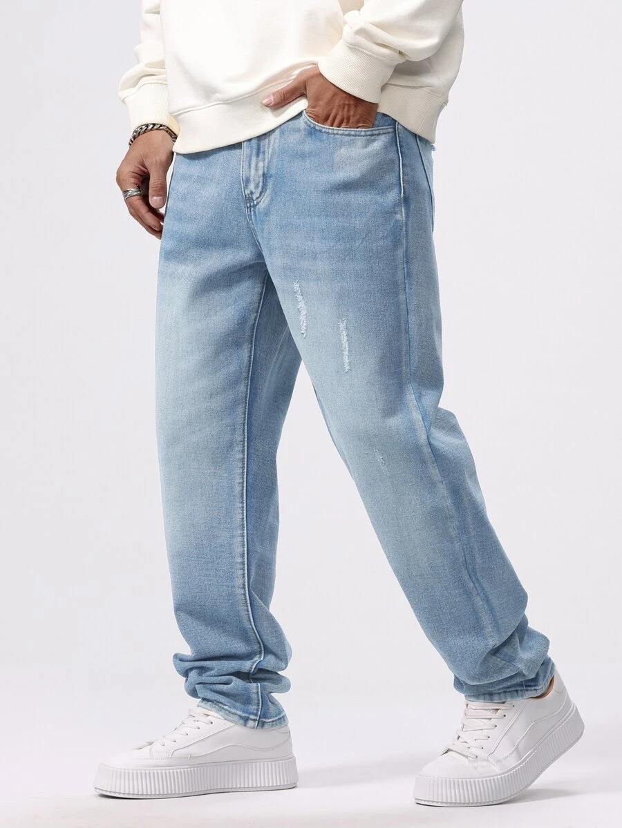 Manfinity Hypemode Men's Distressed Pocket Straight Loose Casual Jeans - Light Wash - View 1
