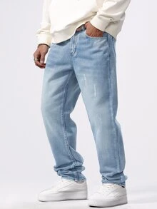Manfinity Hypemode Men's Distressed Pocket Straight Loose Casual Jeans - Light Wash - View 6