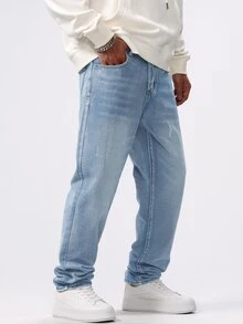 Manfinity Hypemode Men's Distressed Pocket Straight Loose Casual Jeans - Light Wash - View 5