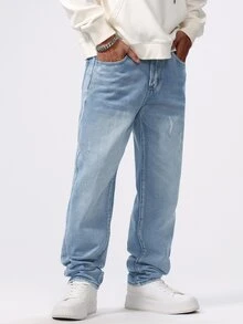 Manfinity Hypemode Men's Distressed Pocket Straight Loose Casual Jeans - Light Wash - View 4
