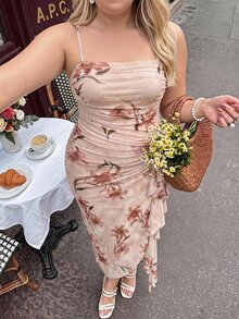 SHEIN MOD 大尺碼女款花卉印花無袖中長洋裝，夏季度假風，荷葉邊下擺與飾邊修身設計度假洋裝 - 杏色 - 查看 6