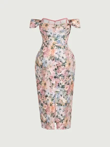 SHEIN MOD Plus Size Summer Elegant Floral Print Off-Shoulder Dress - Multicolor - View 9