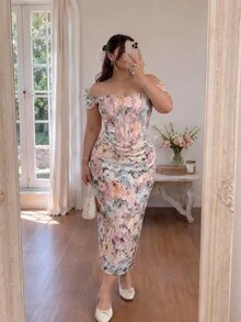 SHEIN MOD Plus Size Summer Elegant Floral Print Off-Shoulder Dress - Multicolor - View 2