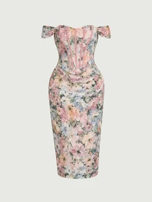 SHEIN MOD Plus Size Summer Elegant Floral Print Off-Shoulder Dress - Multicolor - View 10
