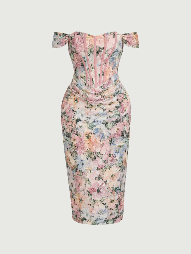 SHEIN MOD Plus Size Summer Elegant Floral Print Off-Shoulder Dress - Multicolor - View 10