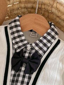 SHEIN 新生兒男嬰連身衣 可愛白色黑格紋蝴蝶結熊刺繡長袖領口款 2合1 秋季生日男嬰裝 - 黑與白 - 查看 5