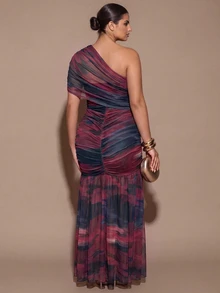 SHEIN BAE CURVE Plus One Shoulder Ruched Ruffle Hem Dress Fall - Multicolor - View 2