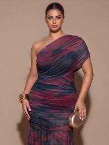 SHEIN BAE CURVE Plus One Shoulder Ruched Ruffle Hem Dress Fall - Multicolor - View 6