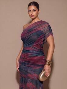 SHEIN BAE CURVE Plus One Shoulder Ruched Ruffle Hem Dress Fall - Multicolor - View 7