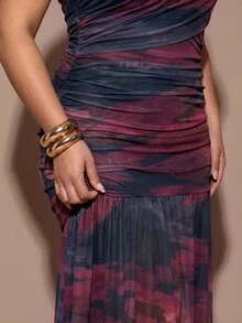 SHEIN BAE CURVE Plus One Shoulder Ruched Ruffle Hem Dress Fall - Multicolor - View 4