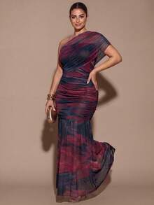 SHEIN BAE CURVE Plus One Shoulder Ruched Ruffle Hem Dress Fall - Multicolor - View 5