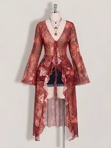 SHEIN ICON 女款大尺碼佩斯利花紋紅色繫帶不對稱下擺上衣 秋季 - 紅色 - 查看 5