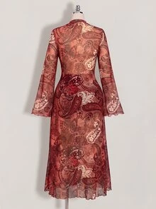 SHEIN ICON 女款大尺碼佩斯利花紋紅色繫帶不對稱下擺上衣 秋季 - 紅色 - 查看 2