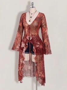 SHEIN ICON 女款大尺碼佩斯利花紋紅色繫帶不對稱下擺上衣 秋季 - 紅色 - 查看 6