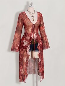 SHEIN ICON 女款大尺碼佩斯利花紋紅色繫帶不對稱下擺上衣 秋季 - 紅色 - 查看 7