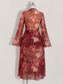 SHEIN ICON 女款大尺碼佩斯利花紋紅色繫帶不對稱下擺上衣 秋季 - 紅色 - 查看 9