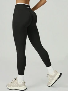 SHEIN Sports Contrast Color High Waist Seamless Sports Leggings - Black - View 1