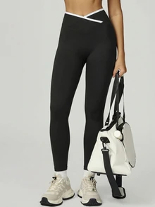 SHEIN Sports Contrast Color High Waist Seamless Sports Leggings - Black - View 7