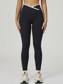 SHEIN Sports Contrast Color High Waist Seamless Sports Leggings - Black - View 4