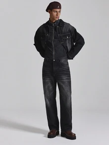 Musero Straight Fit Washed And Whiskered Denim Jean Fly Front Zipper Fastening Autum Winter Essentials - Black - View 1