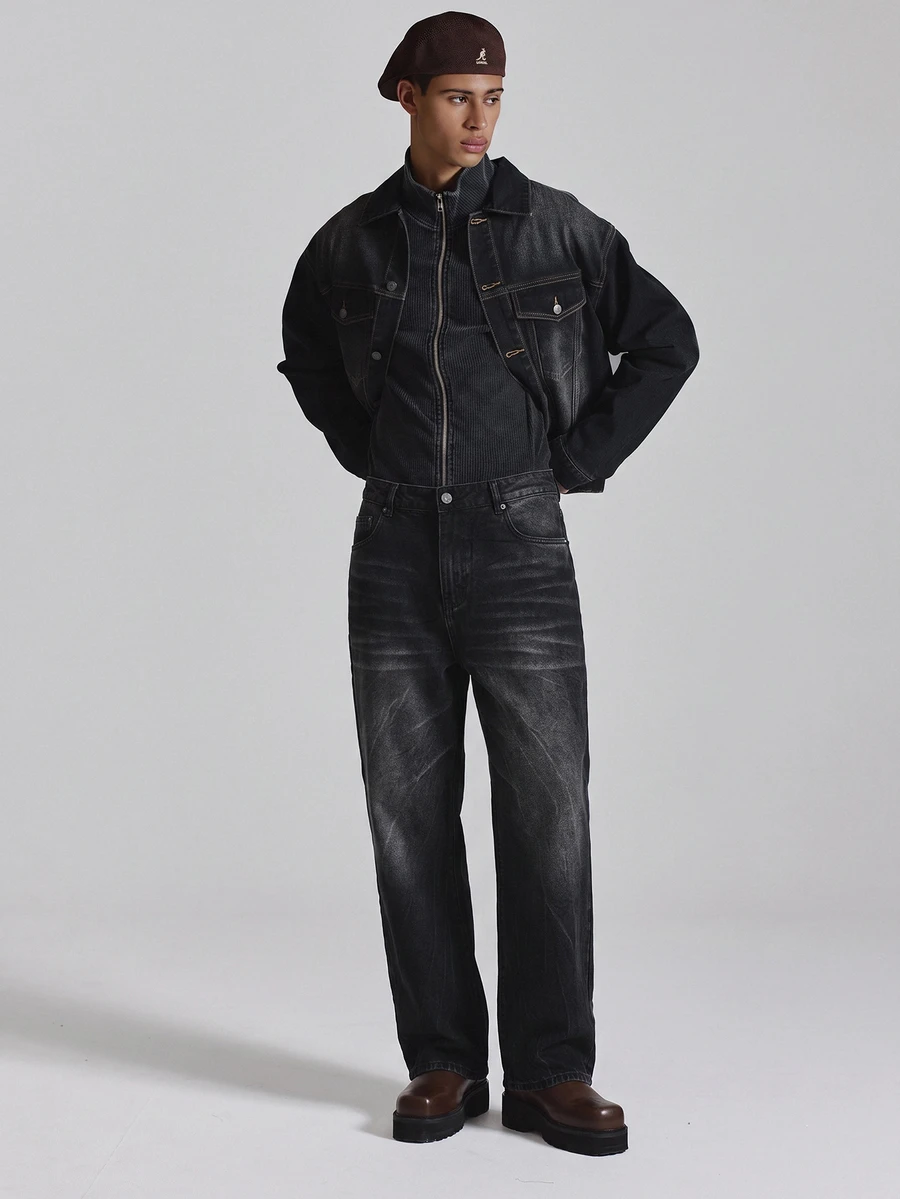 Musero Straight Fit Washed And Whiskered Denim Jean Fly Front Zipper Fastening Autum Winter Essentials - Black - View 1
