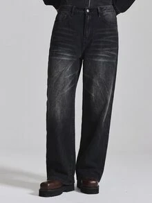 Musero Straight Fit Washed And Whiskered Denim Jean Fly Front Zipper Fastening Autum Winter Essentials - Black - View 2