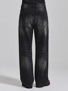Musero Straight Fit Washed And Whiskered Denim Jean Fly Front Zipper Fastening Autum Winter Essentials - Black - View 3