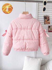 Elladie kids 女童粉色厚填充外套，3D大蝴蝶結立領夾克，甜美可愛，可搭配百褶裙與緊身褲，適合日常、上學、家庭聚會，秋冬款 - 粉色 - 查看 2