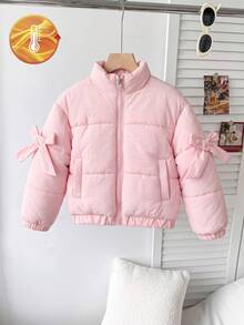 Elladie kids 女童粉色厚填充外套，3D大蝴蝶結立領夾克，甜美可愛，可搭配百褶裙與緊身褲，適合日常、上學、家庭聚會，秋冬款 - 粉色 - 查看 5