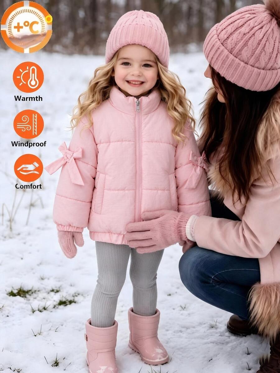 Elladie kids 女童粉色厚填充外套,3D大蝴蝶結立領夾克,甜美可愛,可搭配百褶裙與緊身褲,適合日常、上學、家庭聚會,秋冬款 - 粉色 - 查看 1