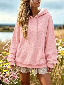 Breezaya Plus Size Women's Loose-Fit Drop-Shoulder HoodieFlower Pattern Print Women's Sweatshirt Winter - Multicolor - View 1