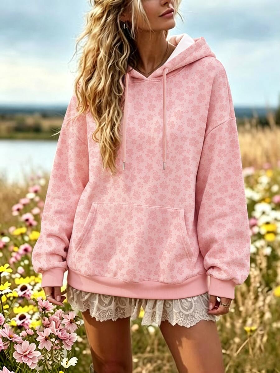 Breezaya Plus Size Women's Loose-Fit Drop-Shoulder HoodieFlower Pattern Print Women's Sweatshirt Winter - Multicolor - View 1