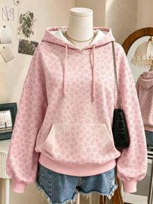 Breezaya Plus Size Women's Loose-Fit Drop-Shoulder HoodieFlower Pattern Print Women's Sweatshirt Winter - Multicolor - View 3