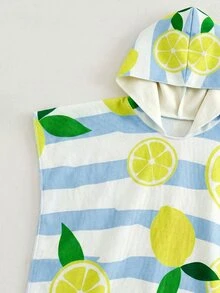 SHEIN Baby Girl Striped Lemon Print Hooded Swimsuit, Summer Beach Vacation - Multicolor - View 5