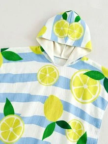 SHEIN Baby Girl Striped Lemon Print Hooded Swimsuit, Summer Beach Vacation - Multicolor - View 3