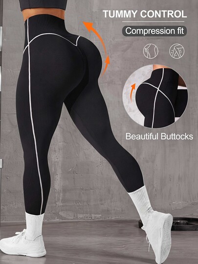 Solea Cove Solea Cove 1pc Black & White Contrast Stripe Pattern Cropped Workout Leggings Yoga Women Pants Leggings For Women