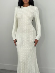 Omancia Women's Round Neck Cable Knit Solid Color Long Sweater Dress + Shawl - White - View 4