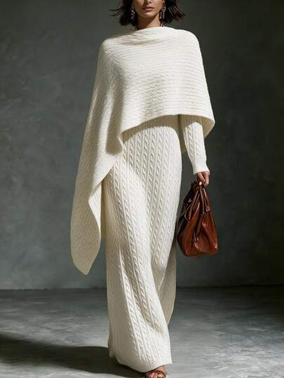 Omancia Women's Round Neck Cable Knit Solid Color Long Sweater Dress + Shawl