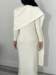 Omancia Women's Round Neck Cable Knit Solid Color Long Sweater Dress + Shawl - White - View 2