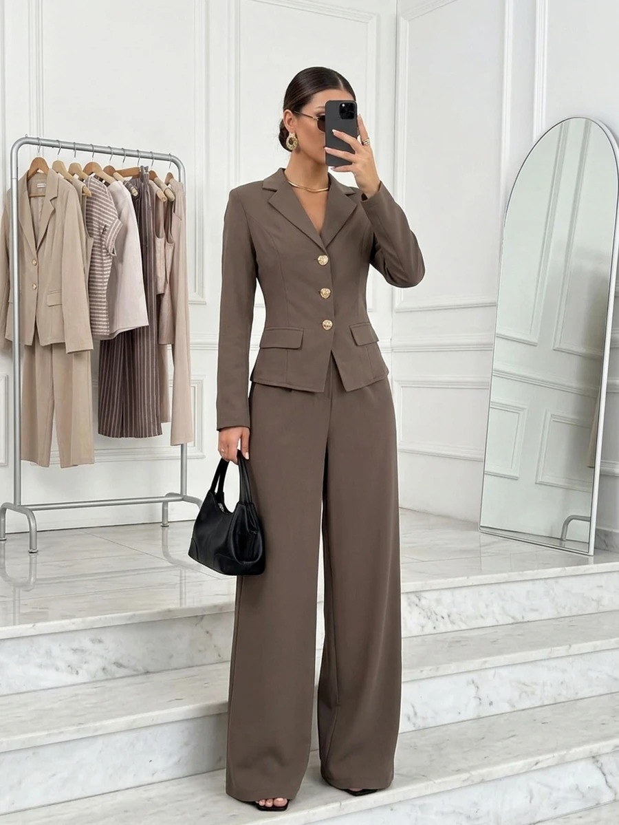 Easowa Women's Fall/Winter Sets Solid Color Lapel Neck Single-Breasted Jacket And Pants Professional Suit Set Work Office Business Outfits Shades Of Brown - Brown - View 1